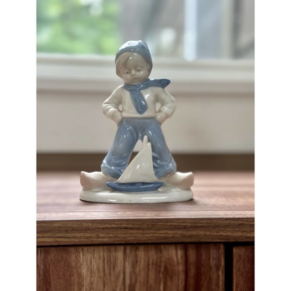 Vintage GH&CO. Boy With Sailboat Hand Painted Porcelain Figurine - Picture 1 of 4